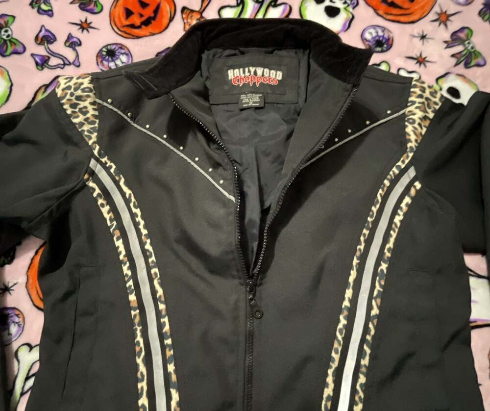 VTG Hollywood Choppers Biker Motorcycle Women's Riding Jacket Studs Leopard Prin
